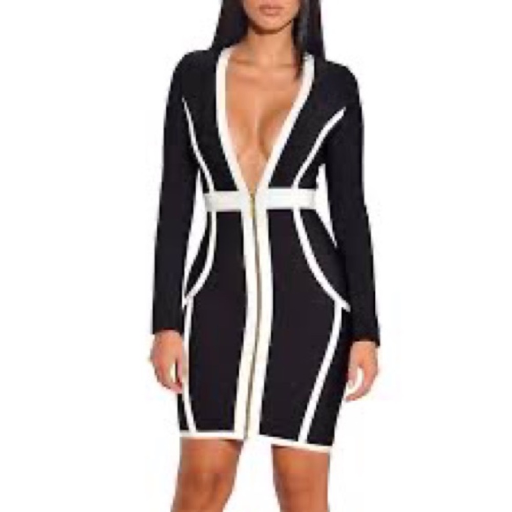 Miss Circle Longsleeve Deep V Zipper Bodycon Dress